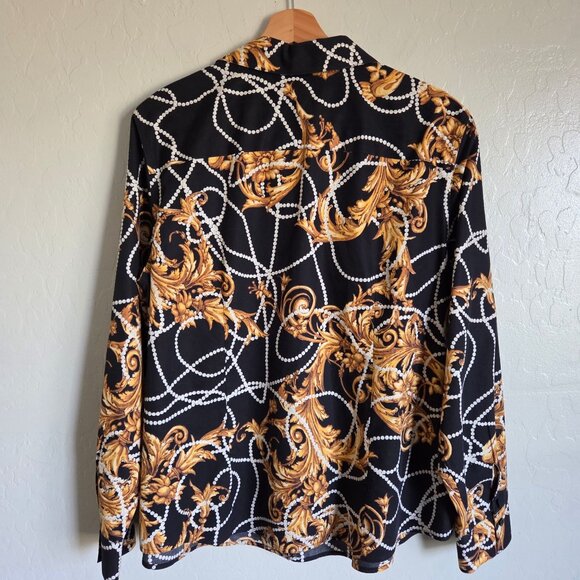 Chico's No Iron Printed Button Up Top Black/Gold Size XL 100% Cotton Long Sleeve - Picture 7 of 9